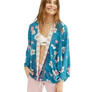 Free People Ocean Combo Floral Asian Print Kona Kimono Cardigan Top One Size
